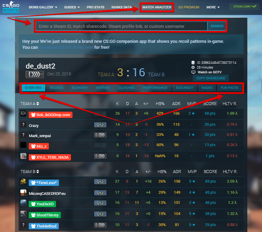 Статистика матчей CS:GO на сайте csgo-stats.com