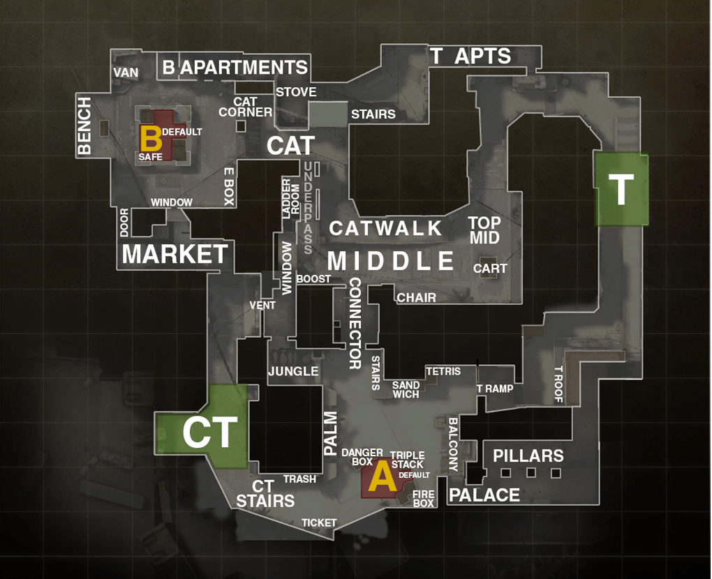 Mirage в CS:GO и обозначения позиций на английском