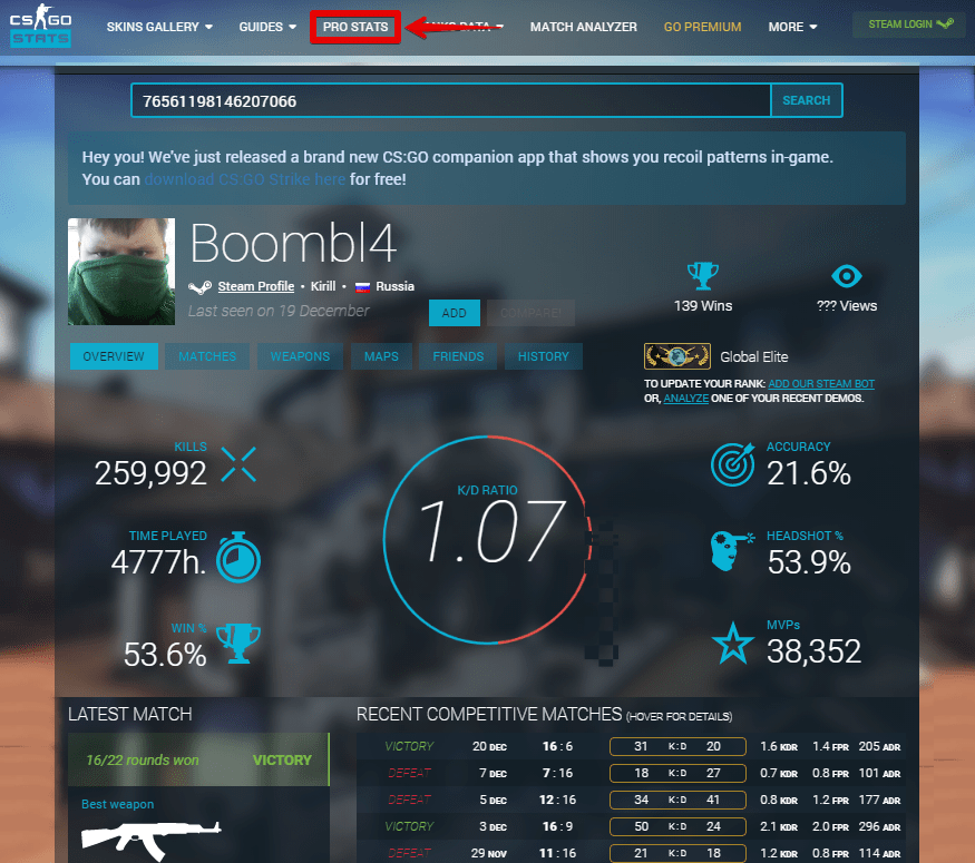 Status Pro игроков в CS:GO на сайте csgo-stats.com