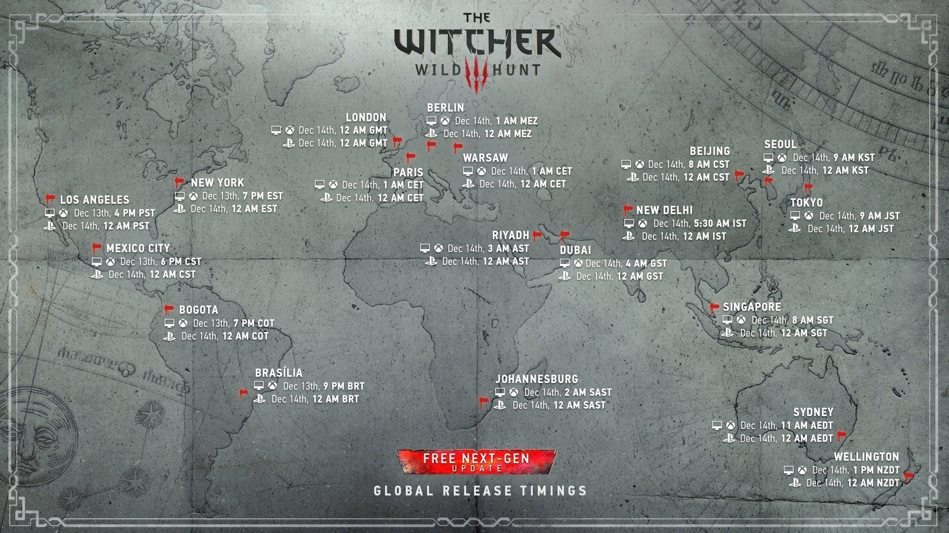 Карта мирового релиза обновления для The Witcher 3
