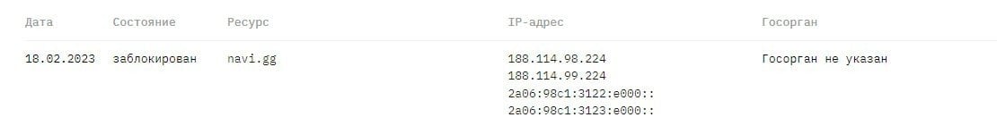Строка о блокировке сайта navi.gg на ресурсе Роскомсвободы