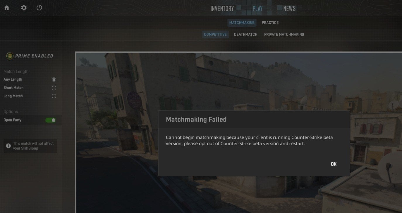 Сообщение с ошибкой в бете Counter-Strike 2 / Источник: Reddit