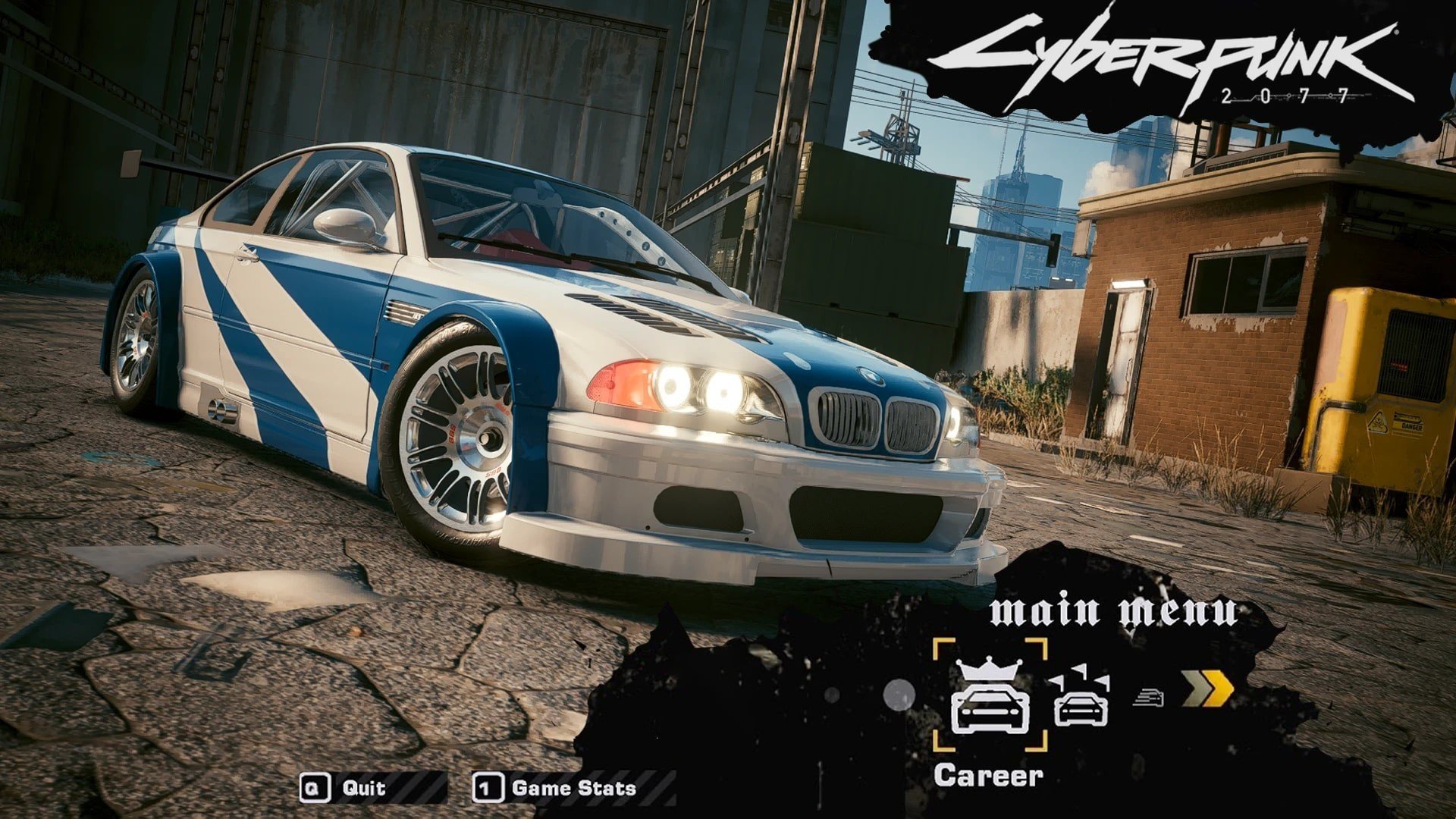 Кадр из Cyberpunk 2077, стилизованный под меню NFS: Most Wanted