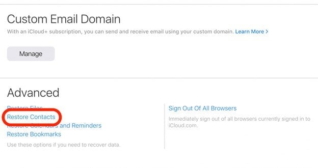 Восстановление контактов через iCloud
