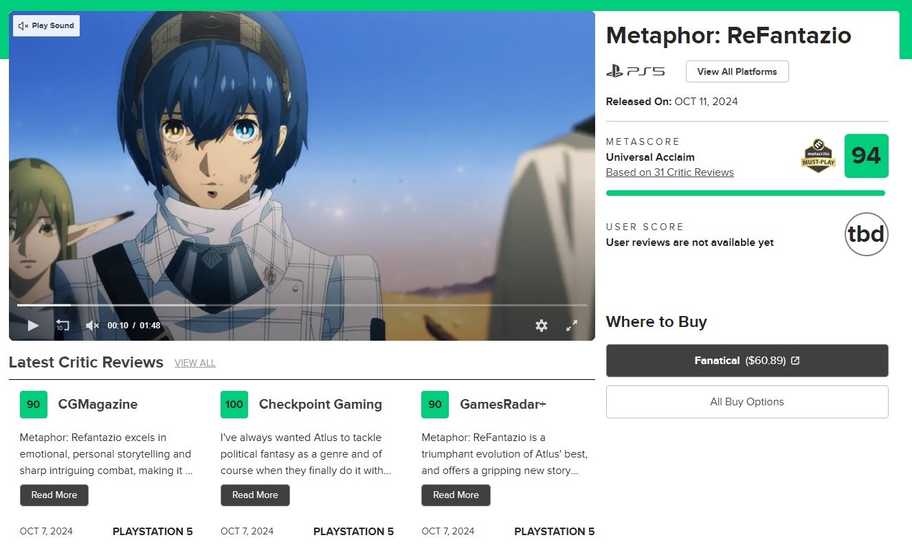 Источник: Metacritic / Оценки Metaphor: ReFantazio