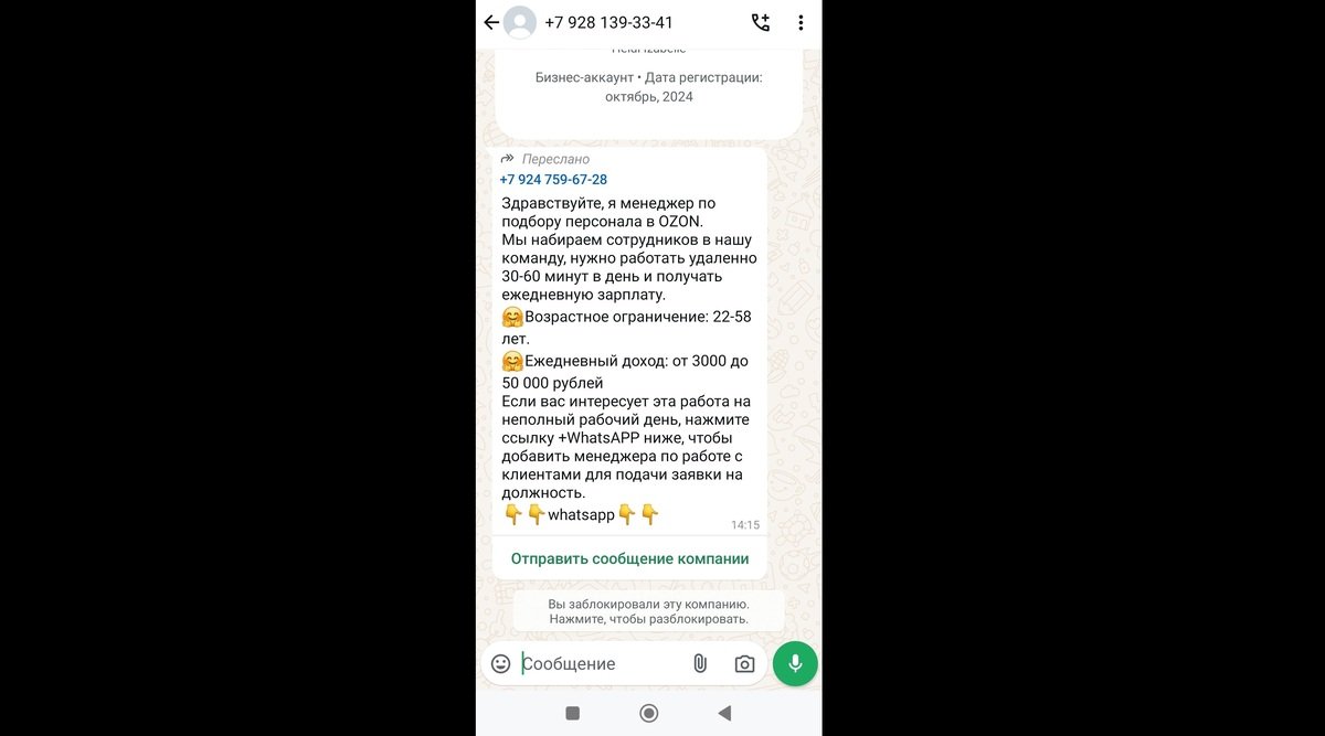 Источник: CQ / Пример спама в WhatsApp