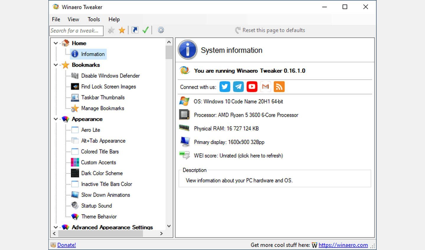 Источник: Winaero Tweaker / Интерфейс Winaero Tweaker