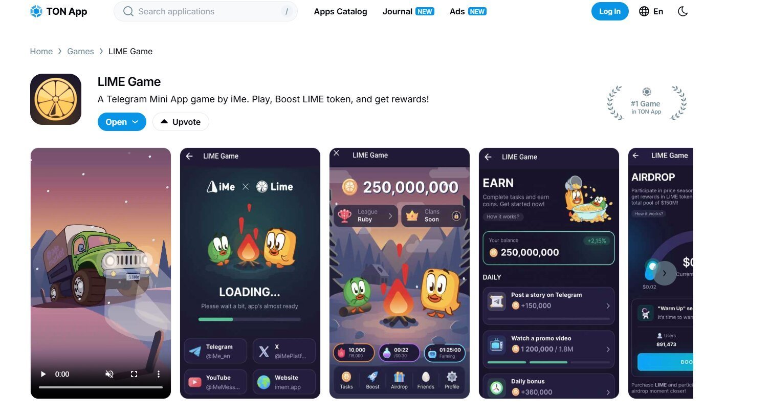 Страница LIME Game на TON App
