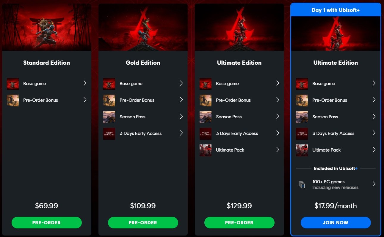 Источник: Ubisoft Store / Состав изданий Assassin's Creed Shadows