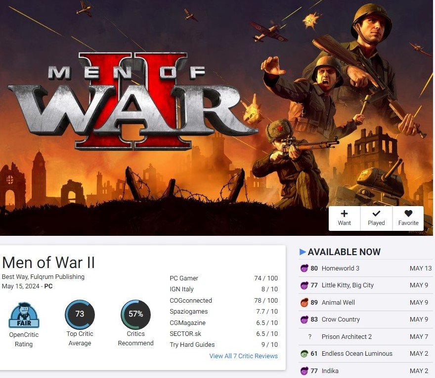Источник: CQ.ru / Оценки Men of War 2 на OpenCritic