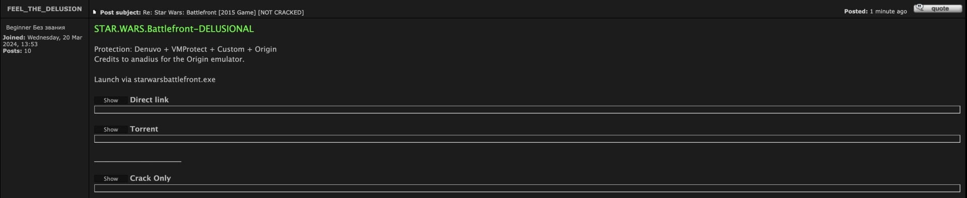 Источник: Reddit / Пост Delusional об успешном взломе Denuvo в Star Wars: Battlefront