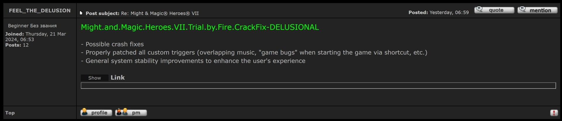 Источник: Reddit / Пост Delusional о выпуске фикса для кряка «Героев 7»