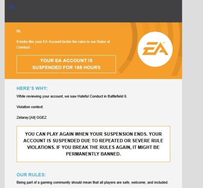Сообщение о бане от EA