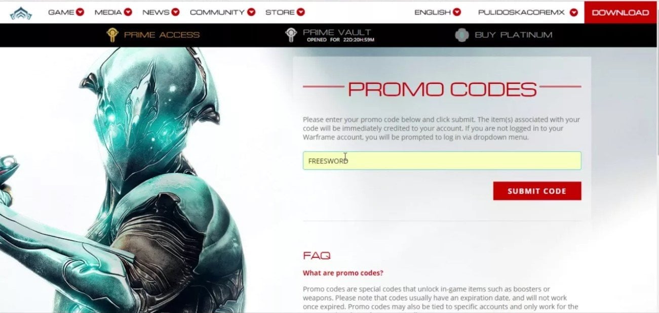 Ввод промокода Warframe