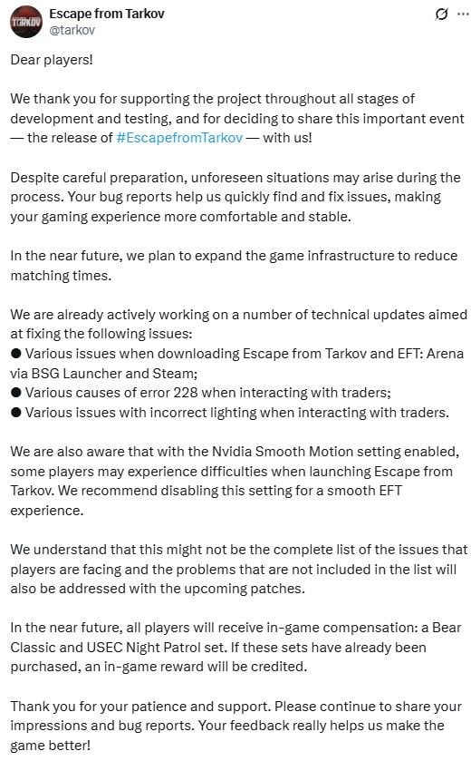 Пост разработчиков Escape From Tarkov