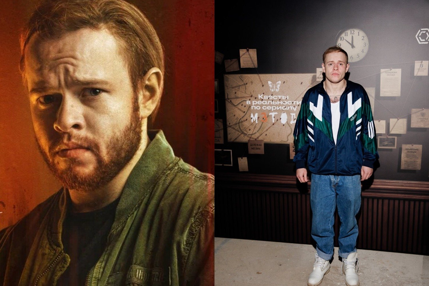 Кенжаметов в сериале (слева) и на съемках. Источники фото: «Метод 3» и соцсети актера