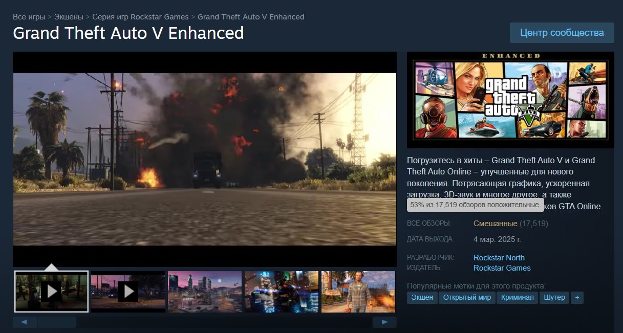 Страница GTA 5 Enhanced в Steam