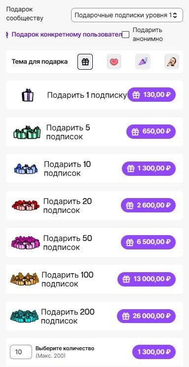 Поле с подарочными подписками.