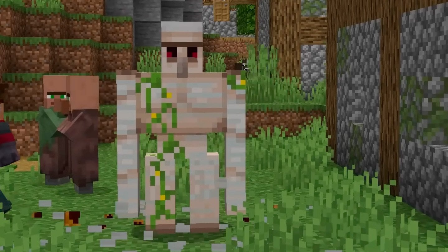 Источник: скриншот CQ.ru / Железный голем в деревне с жителями