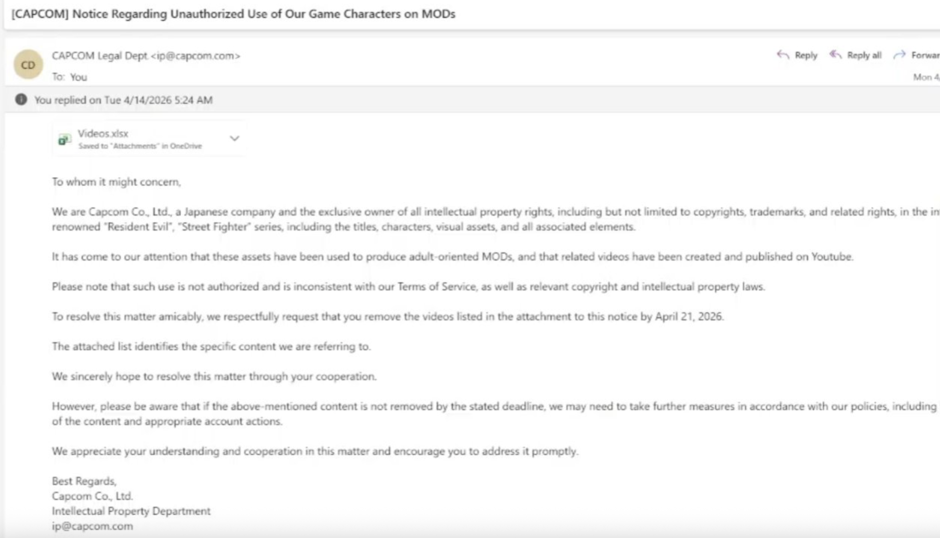 Источник: скриншот CQ.ru / Уведомление письмо от Capcom